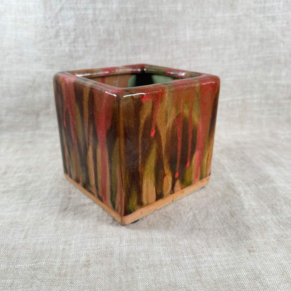 Vintage Studio Pottery Planter Red Drip Glaze Ceramic Cachepot Square